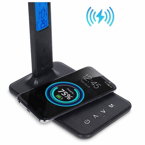 Lampa Plus 3 v 1: Stolní lampa s nabíječkou telefonu, hodinami a termostatem