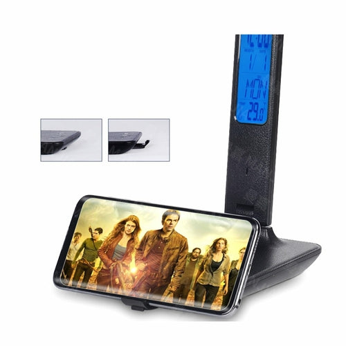 Lampa Plus 3 v 1: Stolní lampa s nabíječkou telefonu, hodinami a termostatem